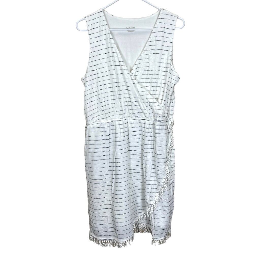 Carve Designs Striped Sleeveless Faux Wrap Dress White Lined Fringe Womens Large